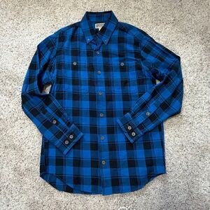 Duluth Trading Co Trim Fit Flannel Shirt Men’s Medium Blue Black Plaid 100% Cott